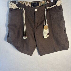 Womens Brown Linen Blend Shorts With Crochet Waistband & Drawstring Detail
